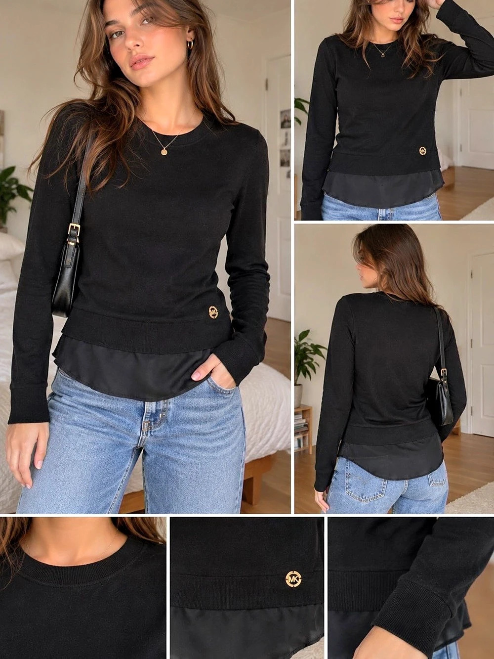 Michael Kors Black Long Sleeve Layered-Hem Top